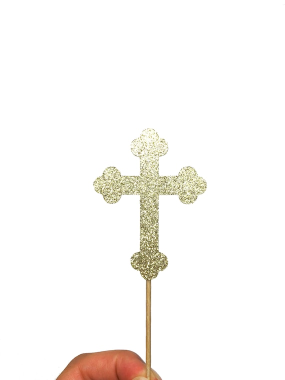 12 x Handmade Gold Sparkling Cross Cupcake Toppers Easter Party Decorations 