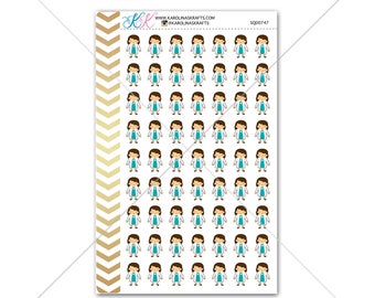 May include: A sheet of stickers featuring 49 illustrations of a cartoon doctor wearing a white lab coat and a turquoise shirt. The doctor has brown hair and a smiling face.
