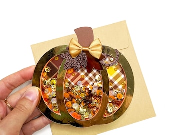 Biglietti d'auguri fatti a mano con zucca shaker, biglietti autunnali, biglietto con zucca, biglietto shaker autunnale, biglietti decorati autunnali, shaker autunnale
