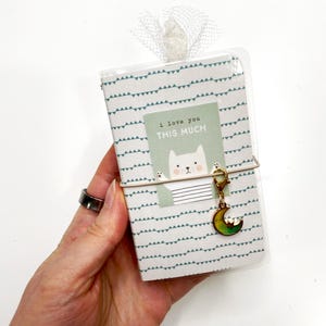 Può includere: Un piccolo taccuino rilegato con una copertina di plastica trasparente. Il taccuino presenta un motivo a triangoli bianchi e verde acqua. È allegata una scheda con un'illustrazione di un gatto e la scritta "I love you THIS MUCH". È attaccato un ciondolo dorato a forma di mezzaluna.