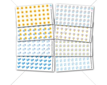 May include: Six sheets of weather-themed stickers with various designs. The stickers feature suns, clouds, and raindrops. The stickers are perfect for planners, journals, and other craft projects.