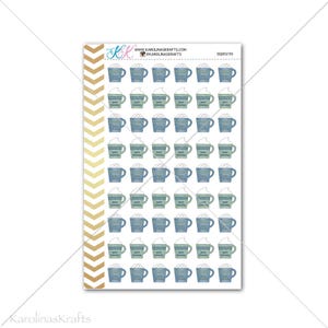 May include: A sheet of 36 blue and green hot cocoa stickers with white marshmallows and whipped cream. The stickers feature the text "Hot Cocoa" on each mug.