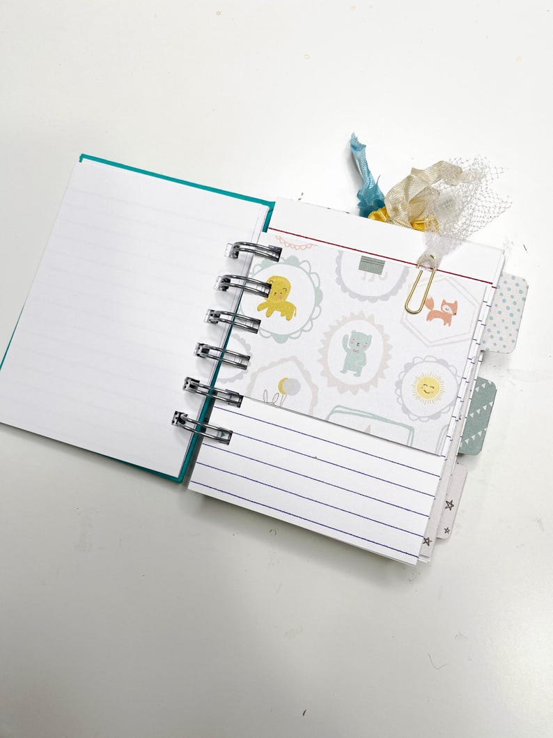 May include: Open spiral-bound notebook with lined pages and a teal cover. The notebook features decorative pages with animal illustrations, a gold paper clip, and a ribbon bookmark. The pages are white with a teal border.