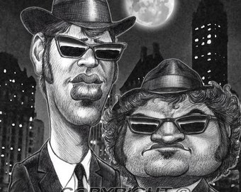 John Belushi y Dan Aykroyd como caricatura de edición limitada de The Blues Brothers Lámina artística