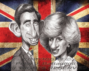 Prince Charles and Princess Diana Caricature  Limited Edition Art Print by Battaglioli Studios