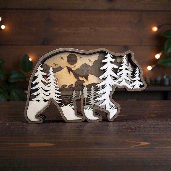 Handmade Multilayer Wooden Bear: Rustic Mountain Decor, home decor