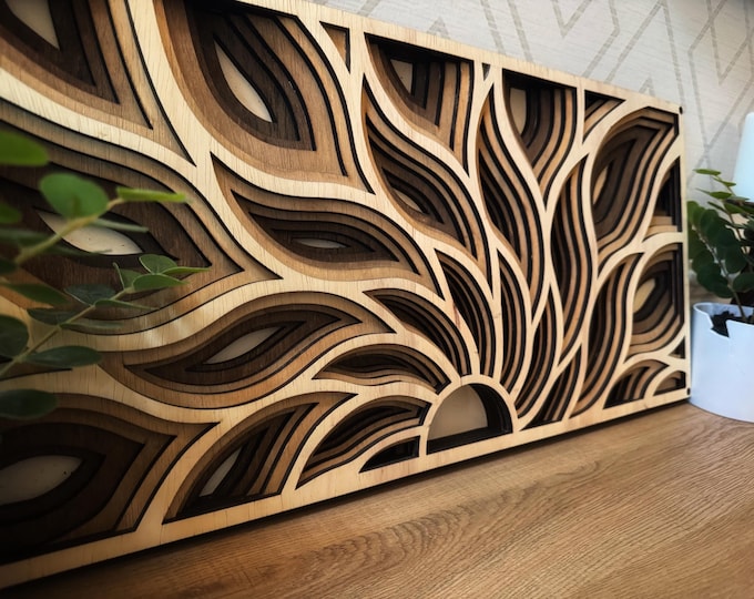 Multilayer Wooden Sunburst Wall Art: 3D Sunrise Decor - Layered Wood Art, Living Room Decor, Laser Cut Art