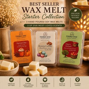 May include: Three plastic clamshell packages of soy wax melts labeled Third Day Trading Company. Scents include Harvest Chai, Heavens Crumble, and Eden's Orchard. Each package weighs 2.5 oz (71g). Several off-white wax cubes sit in a small bowl.