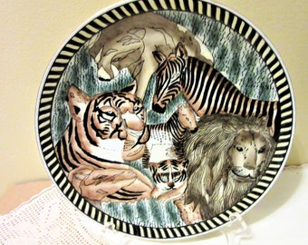 Vintage Fine Porcelain Elgate Plate Beautiful Safari Scene Animal Illustrations Lion Elephant Giraffe Monkeys African Decor Circa 2000