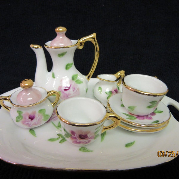 Tea Set  Miniature Mini Doll, Handmade, Set with tray Porcelain China,Ceramic Hand painted by B Marsh