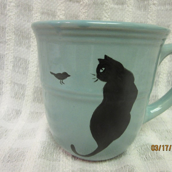 Bird Cat Cup MUG Aqua Blue, Black Cat with bird, Porcelain Ceramic Pottery, Hand Painted and Kiln Fired by B Marsh 14 oz CUP