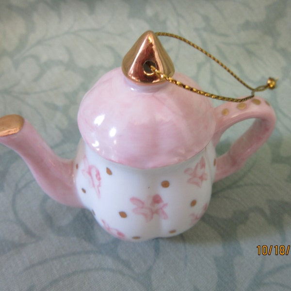 Christmas Ornament Tea Pot, Pink Girl Gift Christmas,  Porcelain Ceramic Pottery, Hand Painted By B. Marsh