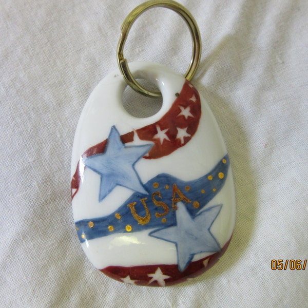 Handmade Key Ring chain Gift Tag USA Patriotic Porcelain ceramics pottery Hand painted Kiln Fired