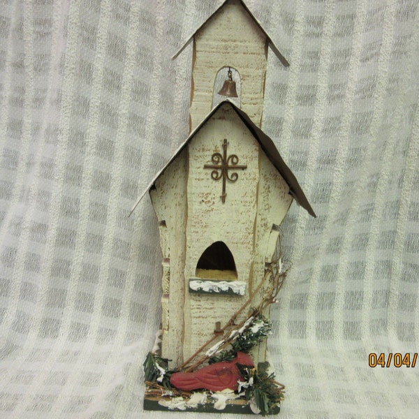 Bird House Rustic, Tin Roof thick sturdy wood, Vintage Red Bird with a bell
