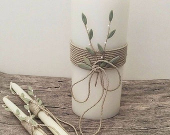 Greek wedding candles set, Unity candles, Greek olive leaves lambades lambathes handmade with porcelain olive leaves and pearls, candle set