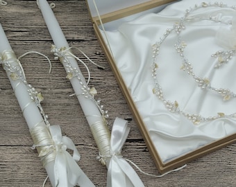 Greek wedding set, stefana crowns and candles lambades lambathes marriage set, real rough pearls decoration