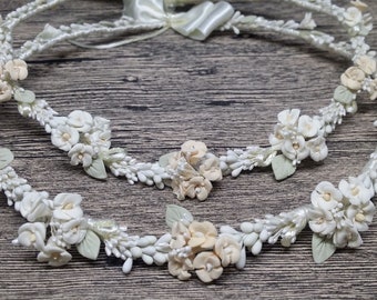 Ivory wedding flower crown, greek Goddess floral porcelain salmon bouquets, bride bridal wedding accessories, wife to be wedding day crown