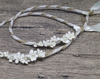 Crochet daisy wrapped wedding crowns, handmade boho bohemian style headpiece head wreath, twine and ivory satin ribbon pearls bride jewelry