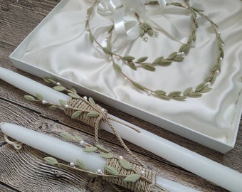 Olive wedding candles set, greek stefana crowns and candles lambades lambathes marriage set, olive leaves and pearls decoration