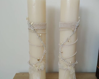 Altar wedding candles, large Greek lambades lambathes handmade candles with real rough pearls and silk cord wrapped decorations