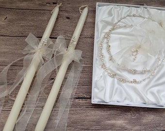 Greek stefana wedding candles set, stefana crowns and candles lambades lambathes marriage set, real rough pearls decoration