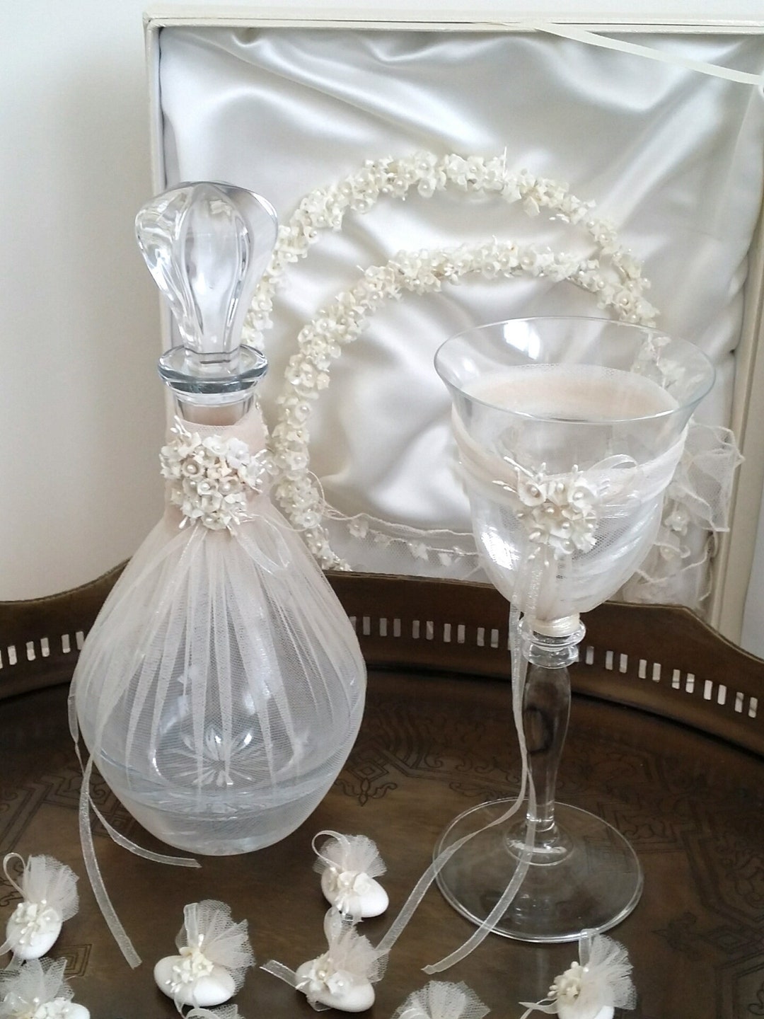 Wedding Wine Decanter Set, Wine Glasses and Jar Decorated With Fabric Flower Minimalist Tiny ...