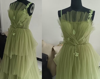 Handmade Green Tulle Dress Prom Straps,Princess Corset Tiered Prom Dress,Unique Long Prom Dress Wedding Party Dress