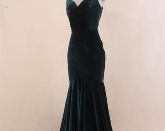Dark Green Velvet Mermaid Prom Bridesmaid Dress: Vintage Spaghetti Strap Evening Gown