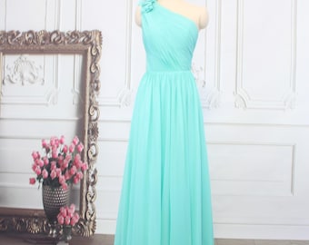 Custom One Shoulder Mint Green Chiffon Bridesmaid Dress Long Prom Gown Wedding Guest Dresses With Flower