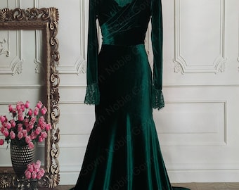 Dark Green Velvet Wedding Dress Long Sleeve Vintage Mermaid Evening Prom Gown With Lace frill