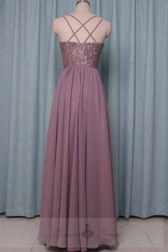 lace mauve bridesmaid dresses Stevie Elegant Square Neckline Slit Chiffon Bridesmaid Dresses, Dusty Purple