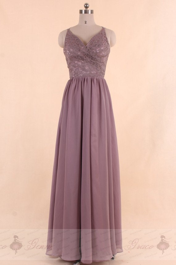 Mauve Lace Chiffon Bridesmaid Dresses: V-Neck A-Line Wedding Guest Dress