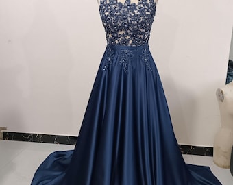 Navy Blue Prom Dress,Embroidery Wedding Dresses,Evening Dress Elegant,Formal Evening Gown For Women,Mother Of The Bride Dress Long Train