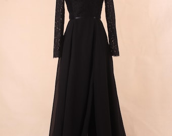 Bridesmaid Dress Long Sleeve Black Off The Shoulder Maxi Evening Gown With Slit