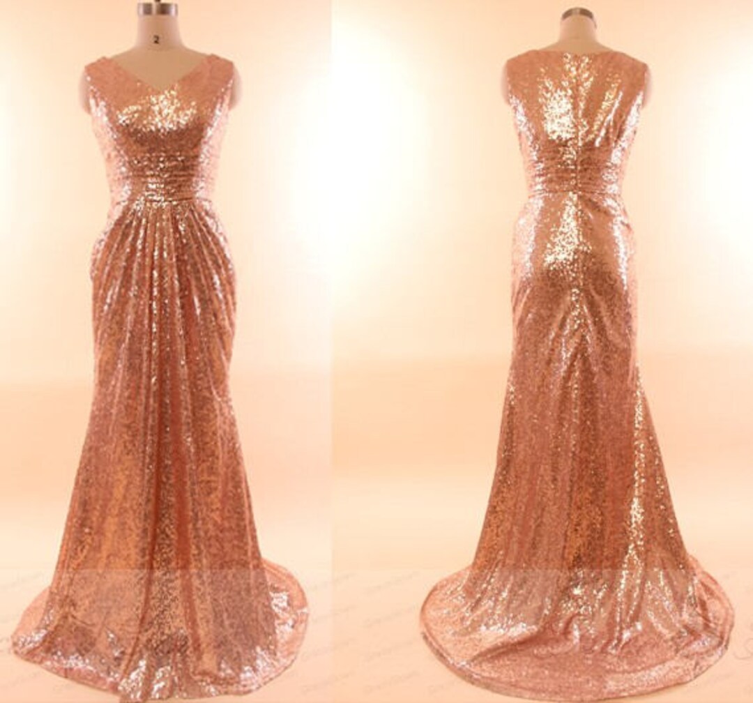 Rose Gold Sequin Prom Dress Longmodest Bridesmaid Etsy