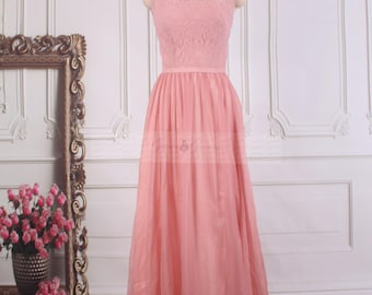 Modest Bridesmaid Dress Coral Pink, Romantic Lace Top High Slit Gown