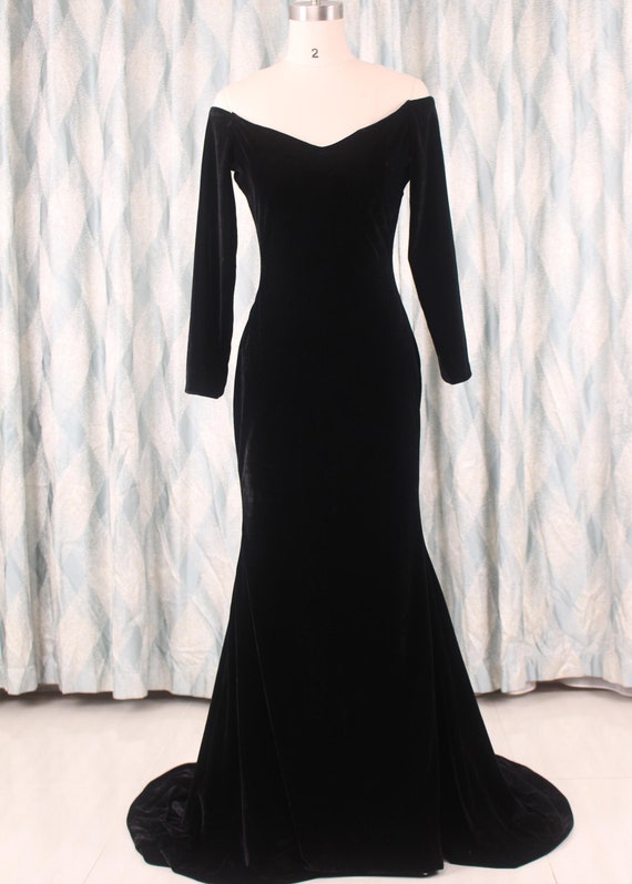 Vintage Black Velvet Dress Long Sleeve: Off The Shoulder Plus Size Evening Formal Gown
