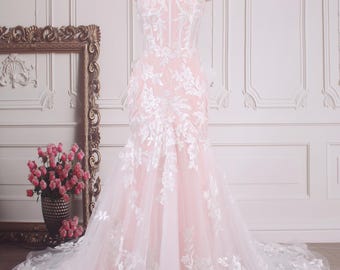 Blush Pink Lace Mermaid Wedding Dress Sweetheart Custom Tulle Bridal Wedding Gown Big Bow