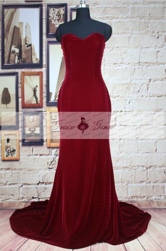 fitted lace wedding dress Unique Mermaid Velvet Burgundy Long Prom Dress, Burgundy Long Evening –  dresstby main image 1