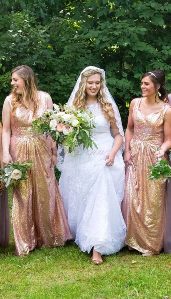 Bridesmaid Dress Rose Gold Sequin Dresswedding Dressv Neck Etsy