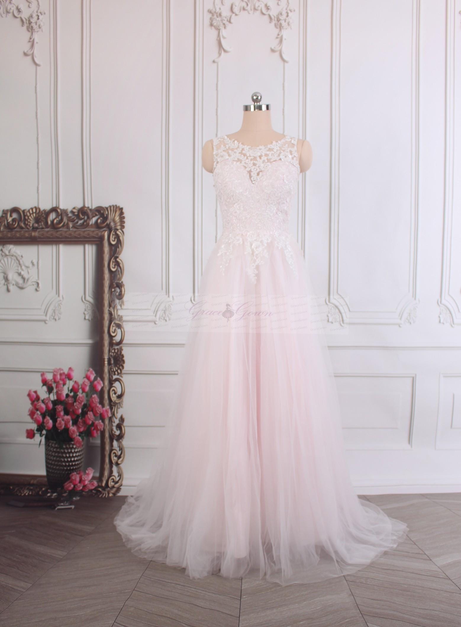 open lace back dress A Line V Neck Open Back Dusty Pink Lace Long Prom, Dusty Pink Lace Lon —  Bridelily main image 1