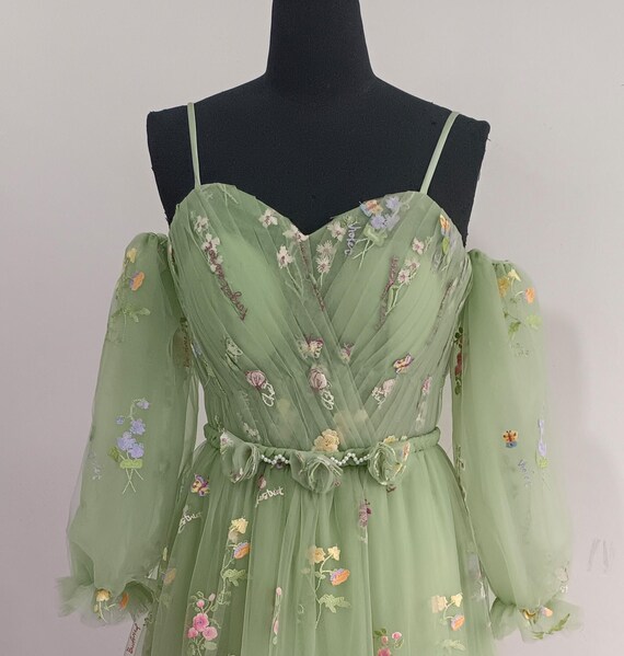 Green Floral Prom Dress: Detachable Sleeves, Fairycore Wedding Gown