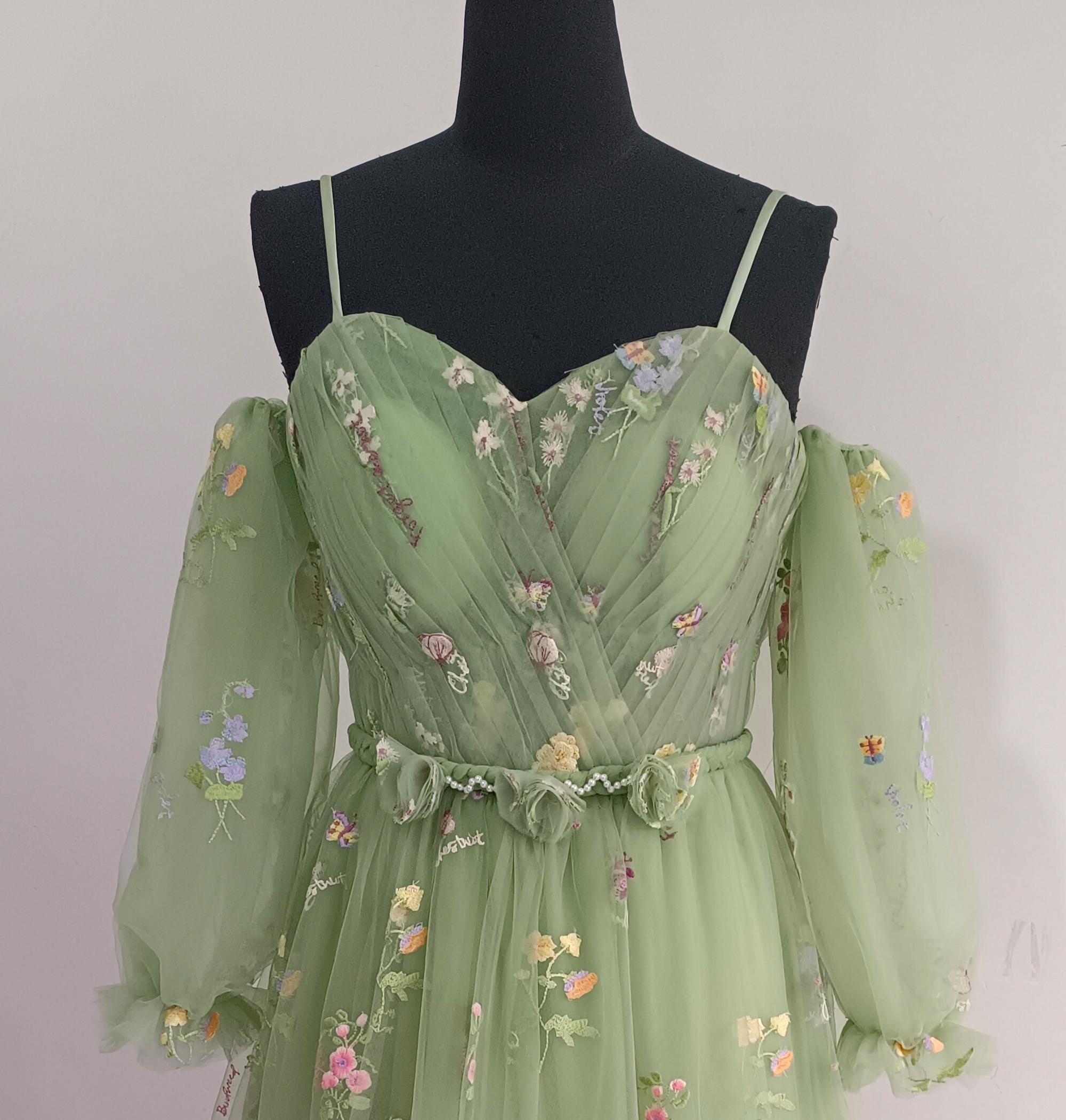 green flowery prom dress Green Floral Draped Satin Backless Prom Dress GM00798 main image 1