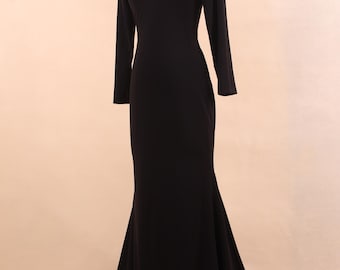chinese dress ladies Julia Boutique Slit Sleeve Mermaid Dress [24509 Long Sleeve Long Maxi Tight Plain V-Neck Women's Black Black Beige ]