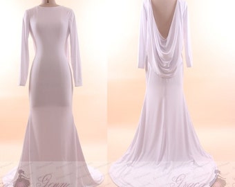 Beach Wedding Dress Bride,High Neck Long Sleeves Wedding Dresses,Backless Prom Dress Mermaid,Outdoor wedding Dress Train,White Maxi Dress
