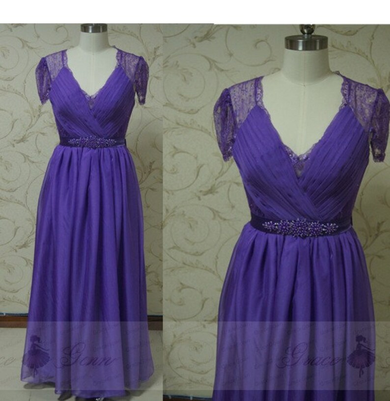 Bridesmaid Dress Purple Chiffon Dresscap Sleeve V Neck Dress Etsy