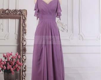 Wedding Bridesmaid Dresses Purple Chiffon: Spaghetti Straps Draped Flowy Design