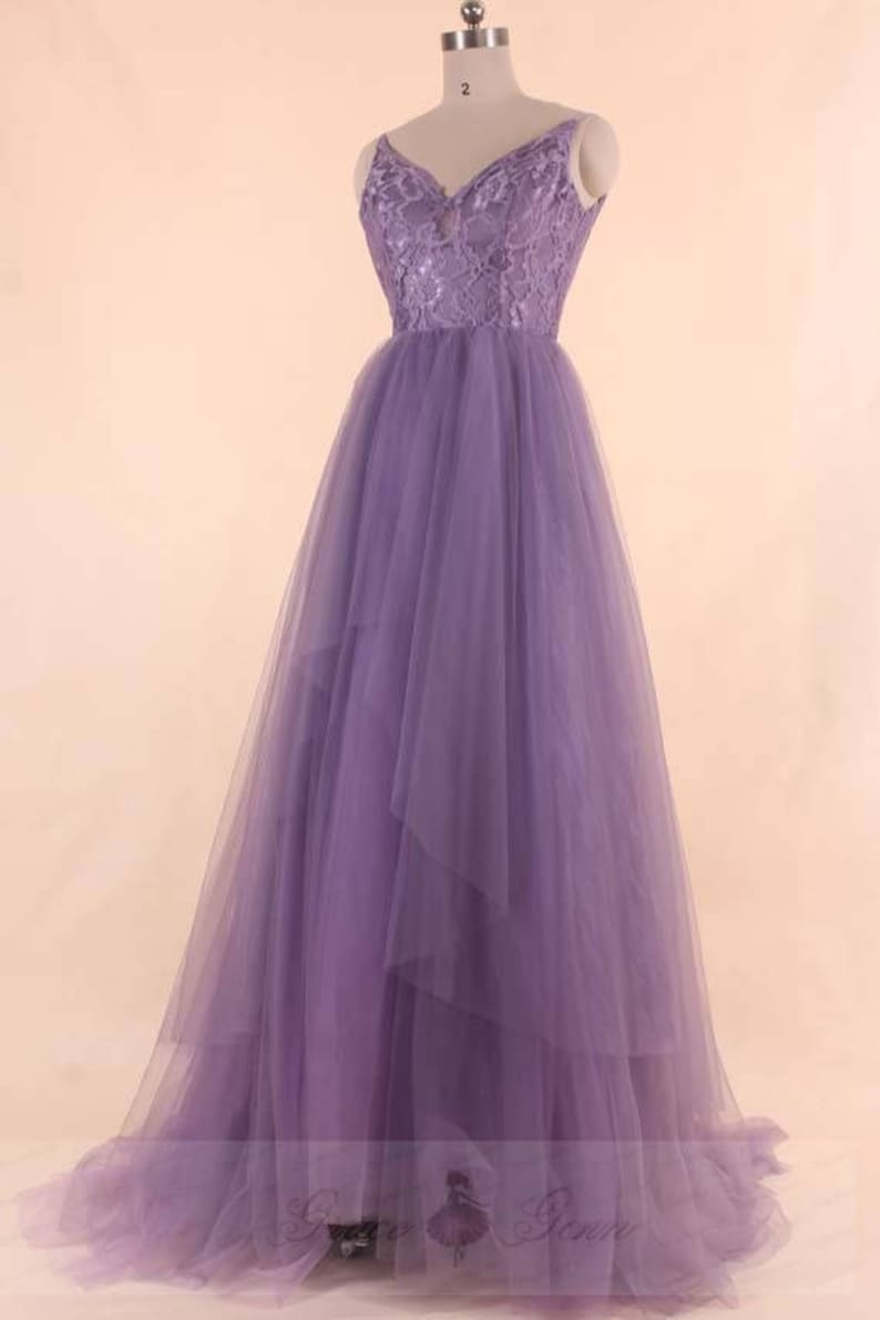 Purple Wedding Dress,Princess A-line Spaghetti Straps Wedding Dress Tulle Skirt,Scoop Back Boho Wedding Dress With Chapel Train,Custom Dress