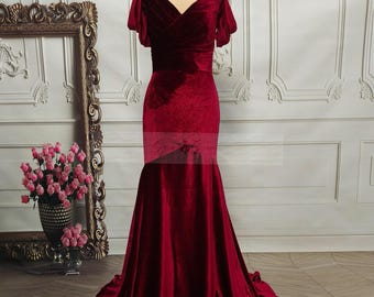 Velvet Burgundy Bridesmaid Dress: Draped Sleeve Wide Straps Mermaid Prom Gown