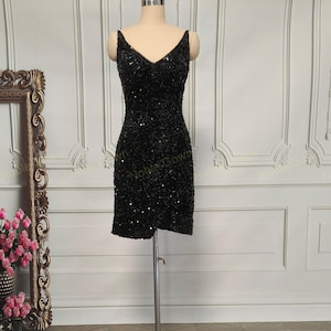 Black Velvet Sequin Cocktail Dress: V-Neck Short Party Dress